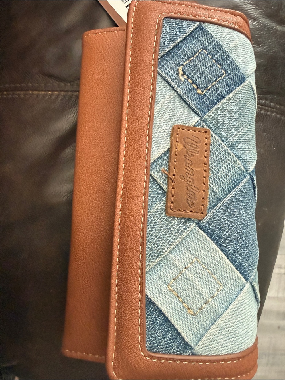 Wrangler Brown Leather & Blue Patchwork Denim Wallet